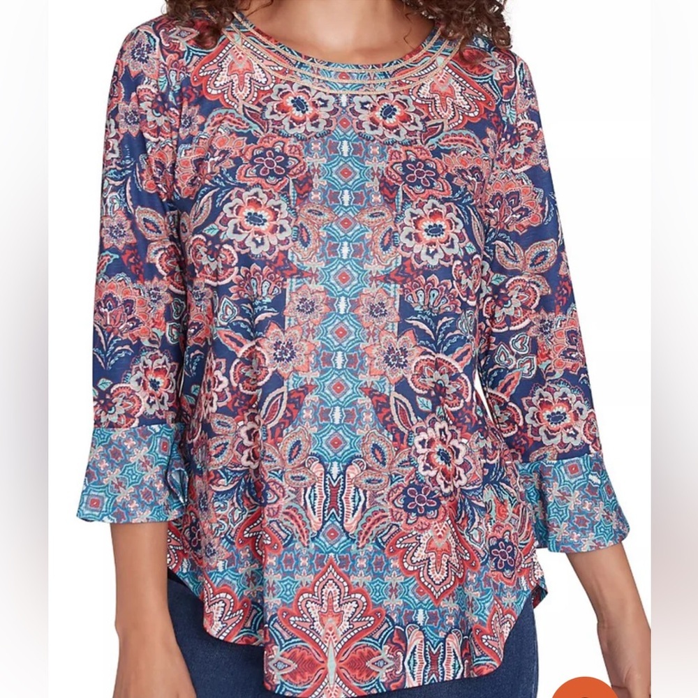 Ruby Rd. Women’s Embellished Scoop Neck 3/4 flounce sleeve top Size  Small NEW